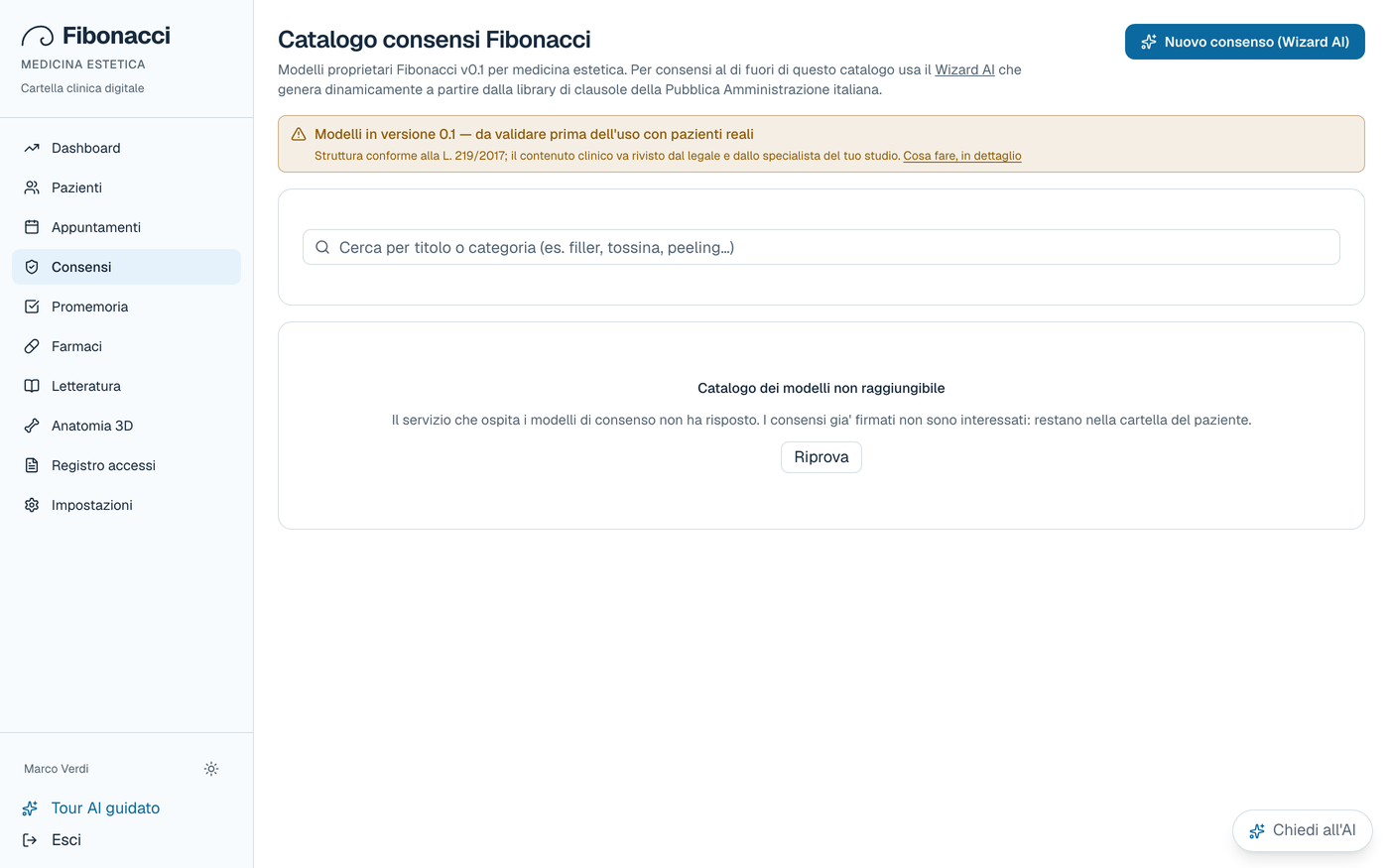 Il catalogo dei consensi di Fibonacci, con i modelli raggruppati per categoria.
